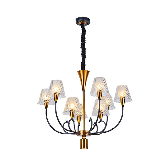 Black-Gold Conical Suspension Lamp Nordic Style 9 Heads Clear Ribbed Glass Ceiling Chandelier Clearhalo 'Ceiling Lights' 'Chandeliers' 'Glass shade' 'Glass' 'Modern Chandeliers' 'Modern' Lighting' 1399056