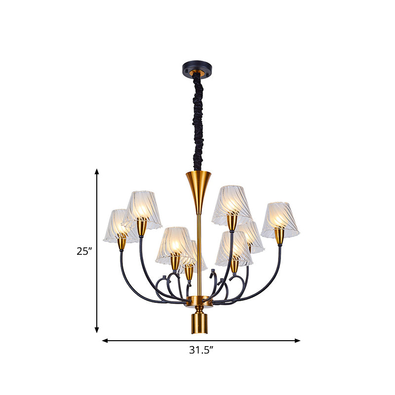 Black-Gold Conical Suspension Lamp Nordic Style 9 Heads Clear Ribbed Glass Ceiling Chandelier Clearhalo 'Ceiling Lights' 'Chandeliers' 'Glass shade' 'Glass' 'Modern Chandeliers' 'Modern' Lighting' 1399057