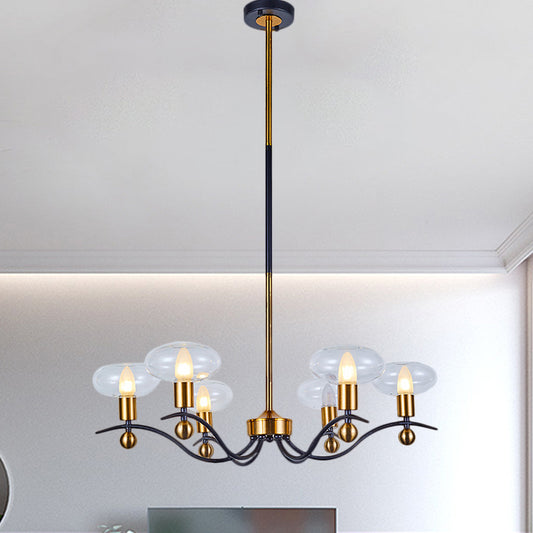 Clear Glass Ellipsoid Pendant Chandelier Minimalism 6/8/12 Bulbs Black-Gold 1/2-Layer Hanging Ceiling Light 6 Black-Gold Clearhalo 'Ceiling Lights' 'Chandeliers' 'Glass shade' 'Glass' 'Modern Chandeliers' 'Modern' Lighting' 1399068