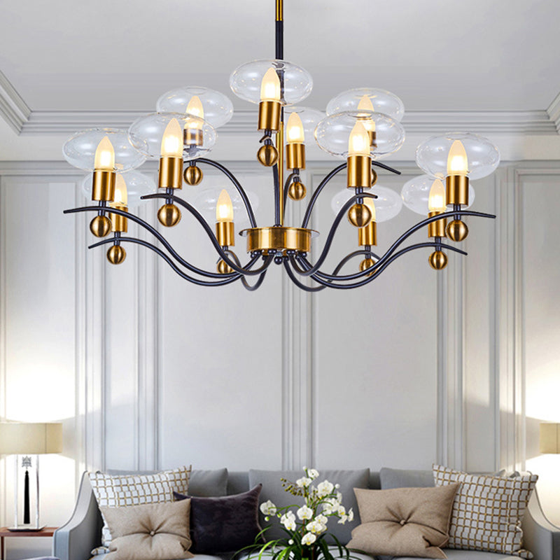 Clear Glass Ellipsoid Pendant Chandelier Minimalism 6/8/12 Bulbs Black-Gold 1/2-Layer Hanging Ceiling Light 12 Black-Gold Clearhalo 'Ceiling Lights' 'Chandeliers' 'Glass shade' 'Glass' 'Modern Chandeliers' 'Modern' Lighting' 1399076
