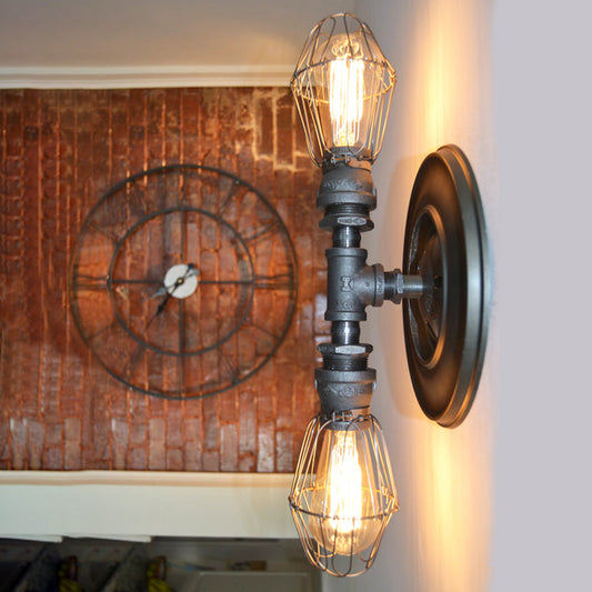 2 Bulbs Wall Mounted Lamp with Cage Metallic Shade Industrial Dining Room Wall Lighting in Black Clearhalo 'Art deco wall lights' 'Cast Iron' 'Glass' 'Industrial wall lights' 'Industrial' 'Middle century wall lights' 'Modern' 'Rustic wall lights' 'Tiffany' 'Traditional wall lights' 'Wall Lamps & Sconces' 'Wall Lights' Lighting' 139915