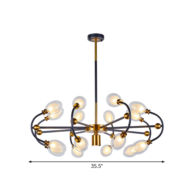 Clear Glass Oval Down Lighting Minimalism 10/12/16-Head Black-Gold Pendant Chandelier with Curvy Arm Clearhalo 'Ceiling Lights' 'Chandeliers' 'Close To Ceiling Lights' 'Glass shade' 'Glass' 'Modern Chandeliers' 'Modern' Lighting' 1399203