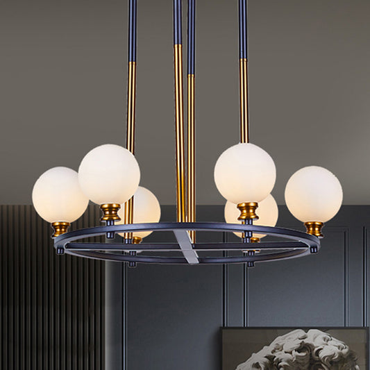 Black-Gold Globe Ceiling Chandelier Nordic Style 6/8 Lights Frosted Glass Drop Pendant with Ring Design 6 Black-Gold Clearhalo 'Ceiling Lights' 'Chandeliers' 'Glass shade' 'Glass' 'Modern Chandeliers' 'Modern' Lighting' 1399207