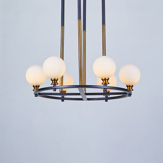 Black-Gold Globe Ceiling Chandelier Nordic Style 6/8 Lights Frosted Glass Drop Pendant with Ring Design Clearhalo 'Ceiling Lights' 'Chandeliers' 'Glass shade' 'Glass' 'Modern Chandeliers' 'Modern' Lighting' 1399209