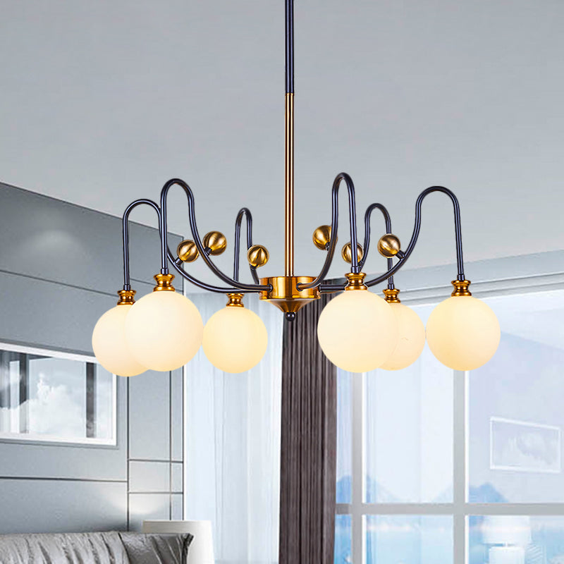 Spherical Down Lighting Modernist Opal Glass 6/9 Bulbs Black-Gold Curvy Arm Pendant Chandelier for Living Room 6 Black-Gold Clearhalo 'Ceiling Lights' 'Chandeliers' 'Glass shade' 'Glass' 'Island Lights' 'Modern Chandeliers' 'Modern' Lighting' 1399222