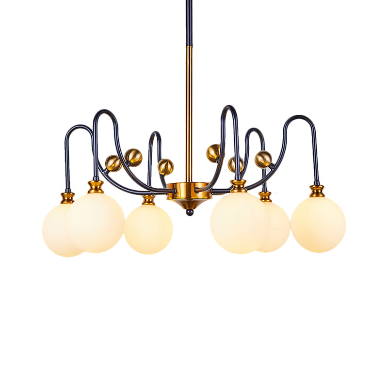Spherical Down Lighting Modernist Opal Glass 6/9 Bulbs Black-Gold Curvy Arm Pendant Chandelier for Living Room Clearhalo 'Ceiling Lights' 'Chandeliers' 'Glass shade' 'Glass' 'Island Lights' 'Modern Chandeliers' 'Modern' Lighting' 1399224