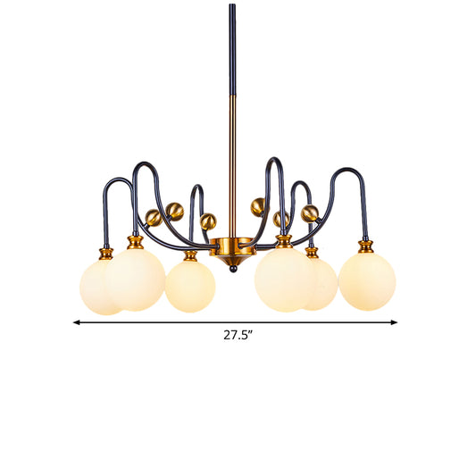 Spherical Down Lighting Modernist Opal Glass 6/9 Bulbs Black-Gold Curvy Arm Pendant Chandelier for Living Room Clearhalo 'Ceiling Lights' 'Chandeliers' 'Glass shade' 'Glass' 'Island Lights' 'Modern Chandeliers' 'Modern' Lighting' 1399225