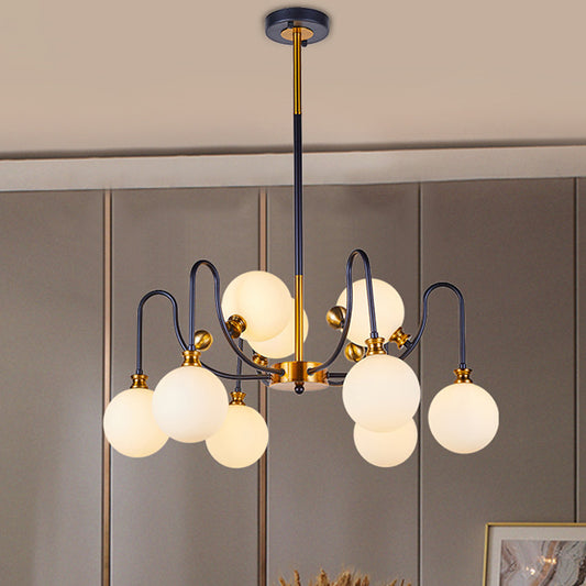 Spherical Down Lighting Modernist Opal Glass 6/9 Bulbs Black-Gold Curvy Arm Pendant Chandelier for Living Room 9 Black-Gold Clearhalo 'Ceiling Lights' 'Chandeliers' 'Glass shade' 'Glass' 'Island Lights' 'Modern Chandeliers' 'Modern' Lighting' 1399226