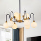 Spherical Down Lighting Modernist Opal Glass 6/9 Bulbs Black-Gold Curvy Arm Pendant Chandelier for Living Room Clearhalo 'Ceiling Lights' 'Chandeliers' 'Glass shade' 'Glass' 'Island Lights' 'Modern Chandeliers' 'Modern' Lighting' 1399228