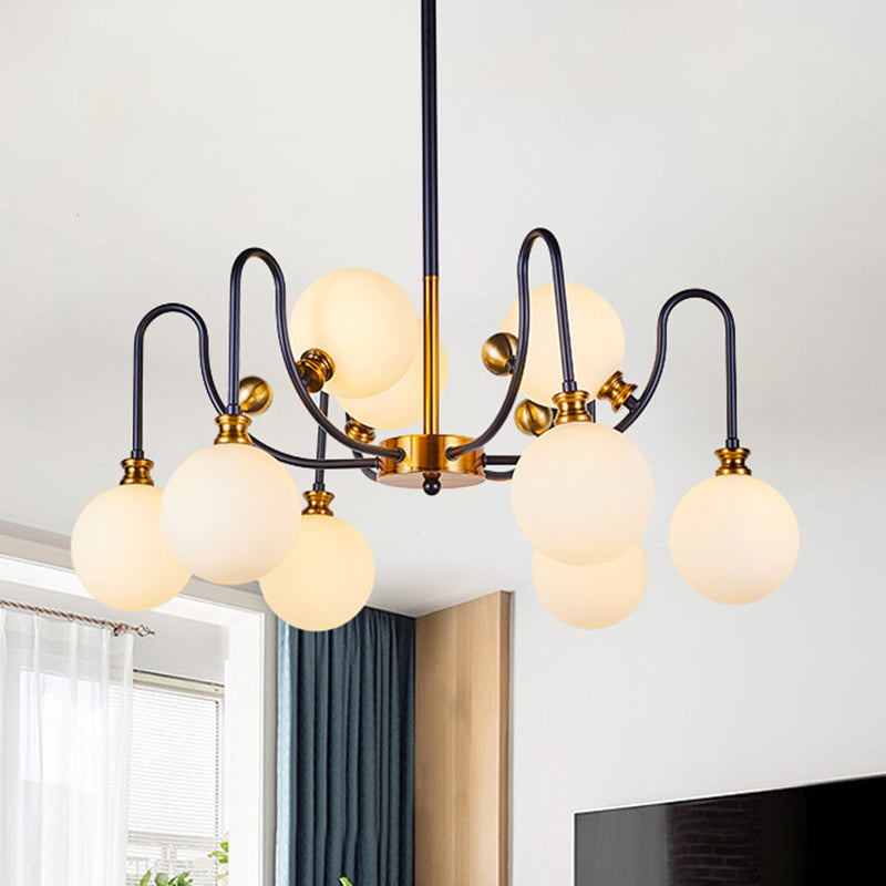Spherical Down Lighting Modernist Opal Glass 6/9 Bulbs Black-Gold Curvy Arm Pendant Chandelier for Living Room Clearhalo 'Ceiling Lights' 'Chandeliers' 'Glass shade' 'Glass' 'Island Lights' 'Modern Chandeliers' 'Modern' Lighting' 1399228