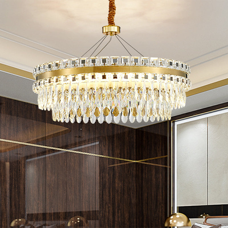 Round Crystal Shells Hanging Lamp Kit Modern 18"/23.5" Wide LED Dinning Hall Pendant Chandelier in Gold Gold Clearhalo 'Ceiling Lights' 'Chandeliers' 'Modern Chandeliers' 'Modern' Lighting' 1399390