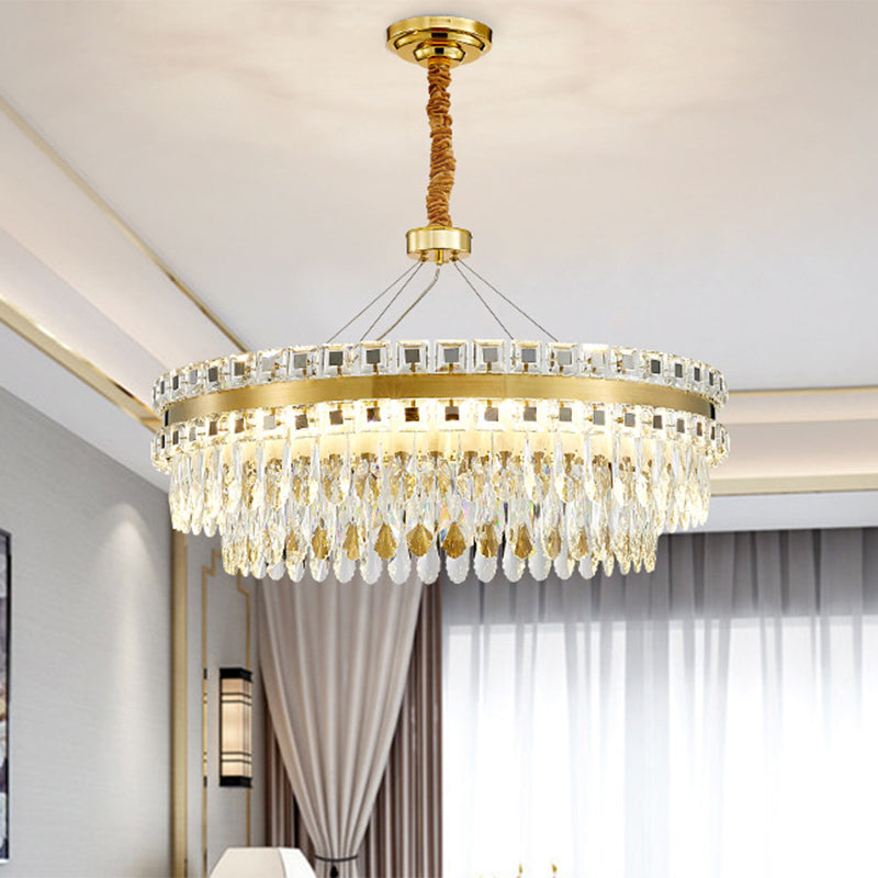 Round Crystal Shells Hanging Lamp Kit Modern 18"/23.5" Wide LED Dinning Hall Pendant Chandelier in Gold Clearhalo 'Ceiling Lights' 'Chandeliers' 'Modern Chandeliers' 'Modern' Lighting' 1399391
