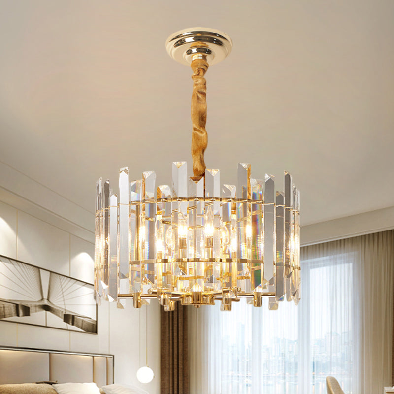 Contemporary Drum Ceiling Chandelier 6/8 Bulbs Clear Crystal Prismatic Suspension Lighting, 18"/23.5" Width Clear 18" Clearhalo 'Ceiling Lights' 'Chandeliers' 'Clear' 'Industrial' 'Modern Chandeliers' 'Modern' 'Tiffany' 'Traditional Chandeliers' Lighting' 1399395