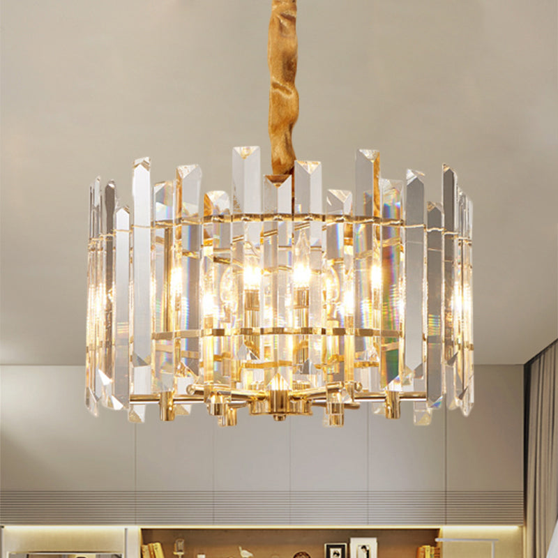 Contemporary Drum Ceiling Chandelier 6/8 Bulbs Clear Crystal Prismatic Suspension Lighting, 18"/23.5" Width Clearhalo 'Ceiling Lights' 'Chandeliers' 'Clear' 'Industrial' 'Modern Chandeliers' 'Modern' 'Tiffany' 'Traditional Chandeliers' Lighting' 1399396