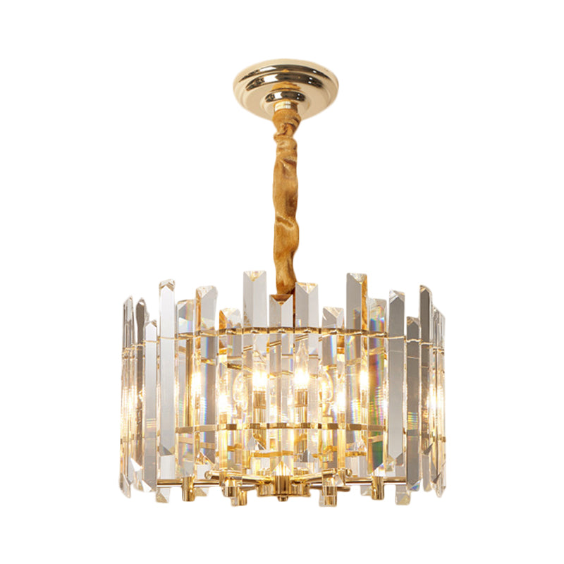 Contemporary Drum Ceiling Chandelier 6/8 Bulbs Clear Crystal Prismatic Suspension Lighting, 18"/23.5" Width Clearhalo 'Ceiling Lights' 'Chandeliers' 'Clear' 'Industrial' 'Modern Chandeliers' 'Modern' 'Tiffany' 'Traditional Chandeliers' Lighting' 1399397