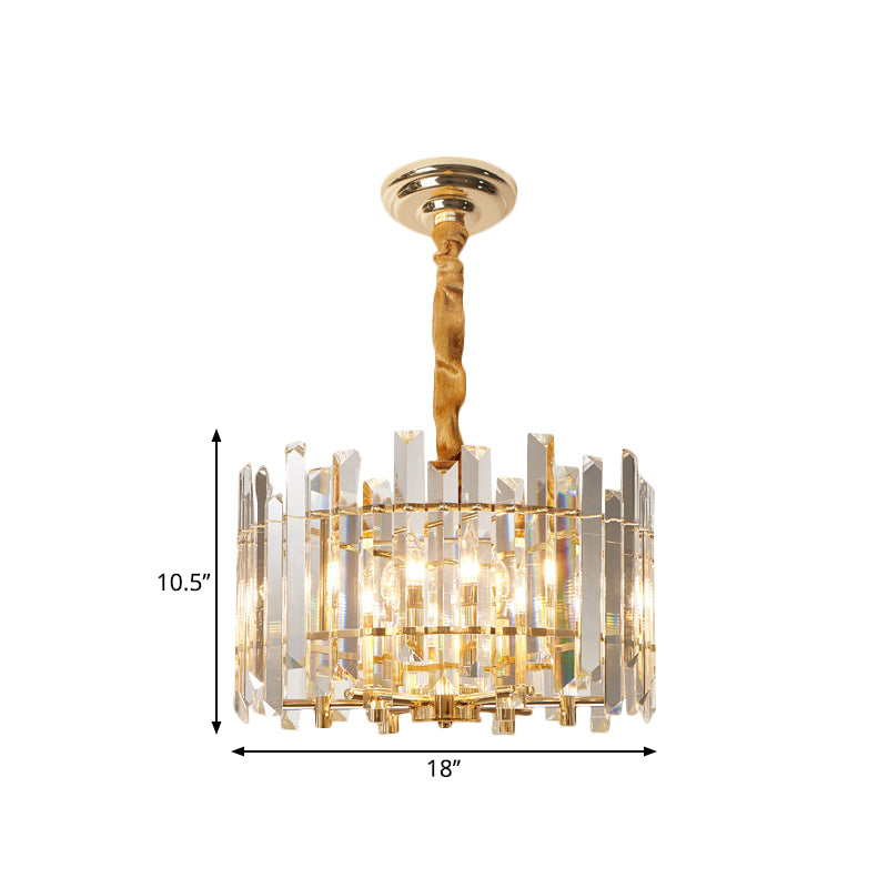 Contemporary Drum Ceiling Chandelier 6/8 Bulbs Clear Crystal Prismatic Suspension Lighting, 18"/23.5" Width Clearhalo 'Ceiling Lights' 'Chandeliers' 'Clear' 'Industrial' 'Modern Chandeliers' 'Modern' 'Tiffany' 'Traditional Chandeliers' Lighting' 1399398