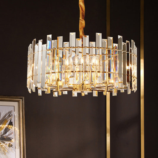 Contemporary Drum Ceiling Chandelier 6/8 Bulbs Clear Crystal Prismatic Suspension Lighting, 18"/23.5" Width Clear 23.5" Clearhalo 'Ceiling Lights' 'Chandeliers' 'Clear' 'Industrial' 'Modern Chandeliers' 'Modern' 'Tiffany' 'Traditional Chandeliers' Lighting' 1399399
