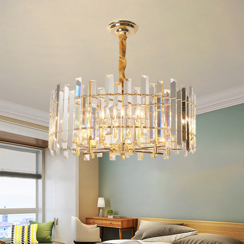 Contemporary Drum Ceiling Chandelier 6/8 Bulbs Clear Crystal Prismatic Suspension Lighting, 18"/23.5" Width Clearhalo 'Ceiling Lights' 'Chandeliers' 'Clear' 'Industrial' 'Modern Chandeliers' 'Modern' 'Tiffany' 'Traditional Chandeliers' Lighting' 1399400