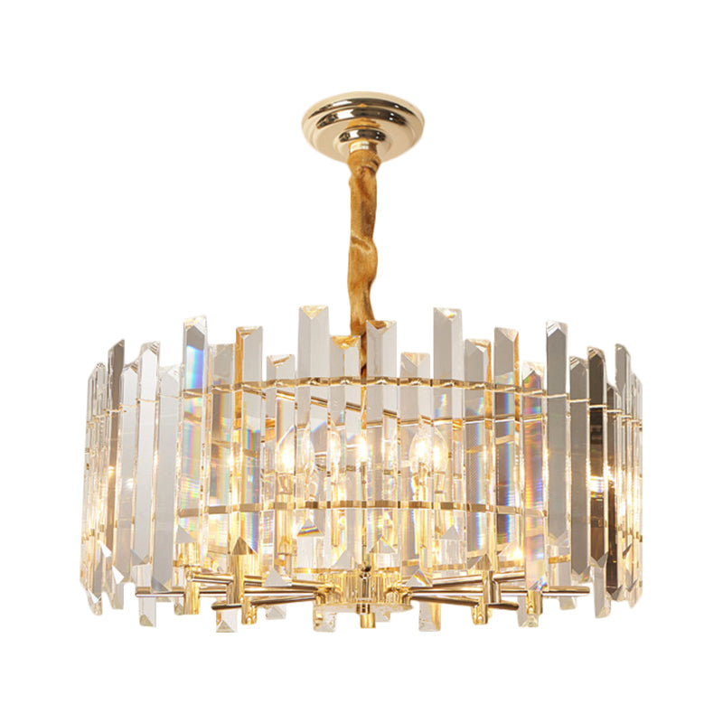 Contemporary Drum Ceiling Chandelier 6/8 Bulbs Clear Crystal Prismatic Suspension Lighting, 18"/23.5" Width Clearhalo 'Ceiling Lights' 'Chandeliers' 'Clear' 'Industrial' 'Modern Chandeliers' 'Modern' 'Tiffany' 'Traditional Chandeliers' Lighting' 1399401