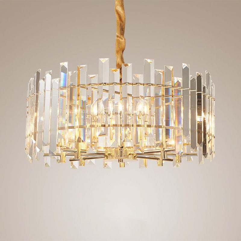 Contemporary Drum Ceiling Chandelier 6/8 Bulbs Clear Crystal Prismatic Suspension Lighting, 18"/23.5" Width Clearhalo 'Ceiling Lights' 'Chandeliers' 'Clear' 'Industrial' 'Modern Chandeliers' 'Modern' 'Tiffany' 'Traditional Chandeliers' Lighting' 1399402