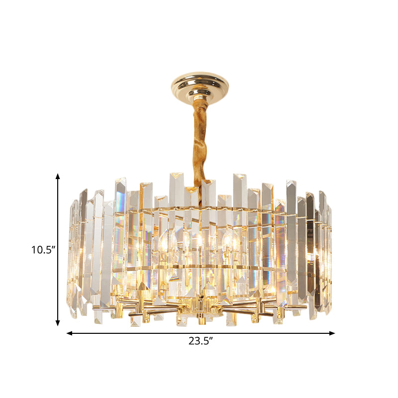 Contemporary Drum Ceiling Chandelier 6/8 Bulbs Clear Crystal Prismatic Suspension Lighting, 18"/23.5" Width Clearhalo 'Ceiling Lights' 'Chandeliers' 'Clear' 'Industrial' 'Modern Chandeliers' 'Modern' 'Tiffany' 'Traditional Chandeliers' Lighting' 1399403
