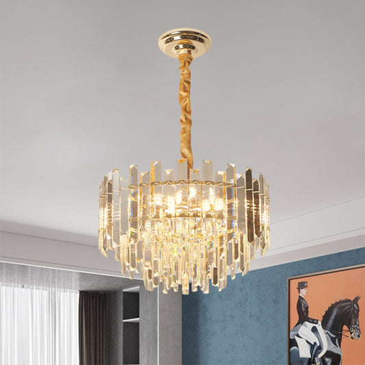 8/10 Bulbs Pendant Light Fixture Contemporary Drum Clear Crystal Prismatic Hanging Chandelier, 18"/23.5" Wide Clear 18" Clearhalo 'Ceiling Lights' 'Chandeliers' 'Clear' 'Industrial' 'Modern Chandeliers' 'Modern' 'Tiffany' 'Traditional Chandeliers' Lighting' 1399424