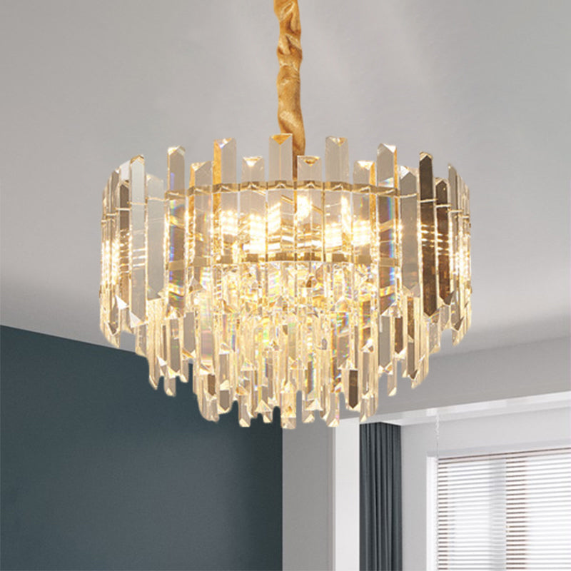 8/10 Bulbs Pendant Light Fixture Contemporary Drum Clear Crystal Prismatic Hanging Chandelier, 18"/23.5" Wide Clearhalo 'Ceiling Lights' 'Chandeliers' 'Clear' 'Industrial' 'Modern Chandeliers' 'Modern' 'Tiffany' 'Traditional Chandeliers' Lighting' 1399425