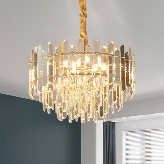 8/10 Bulbs Pendant Light Fixture Contemporary Drum Clear Crystal Prismatic Hanging Chandelier, 18"/23.5" Wide Clearhalo 'Ceiling Lights' 'Chandeliers' 'Clear' 'Industrial' 'Modern Chandeliers' 'Modern' 'Tiffany' 'Traditional Chandeliers' Lighting' 1399425