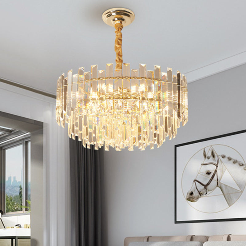 8/10 Bulbs Pendant Light Fixture Contemporary Drum Clear Crystal Prismatic Hanging Chandelier, 18"/23.5" Wide Clearhalo 'Ceiling Lights' 'Chandeliers' 'Clear' 'Industrial' 'Modern Chandeliers' 'Modern' 'Tiffany' 'Traditional Chandeliers' Lighting' 1399429