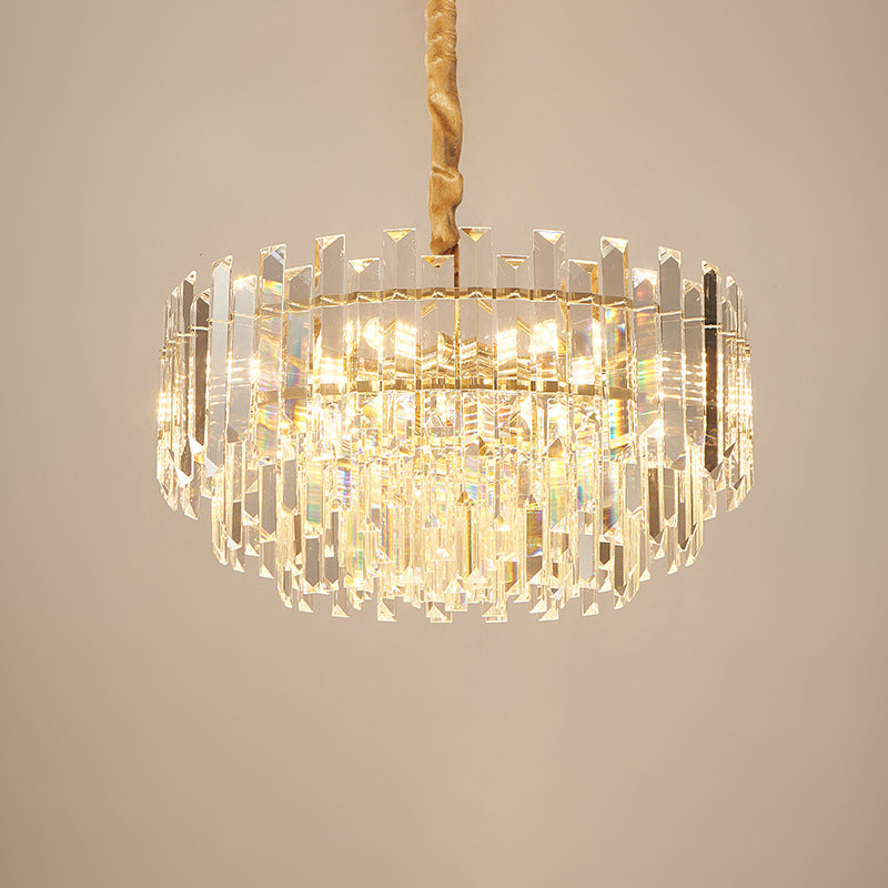 8/10 Bulbs Pendant Light Fixture Contemporary Drum Clear Crystal Prismatic Hanging Chandelier, 18"/23.5" Wide Clearhalo 'Ceiling Lights' 'Chandeliers' 'Clear' 'Industrial' 'Modern Chandeliers' 'Modern' 'Tiffany' 'Traditional Chandeliers' Lighting' 1399431
