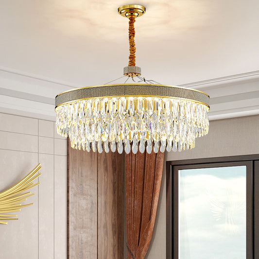 Clear Crystal Draping LED Hanging Chandelier Modern Gold Finish 2-Layer Round Great Room Suspension Lamp, 18"/23.5" Width Clear Clearhalo 'Ceiling Lights' 'Chandeliers' 'Clear' 'Industrial' 'Modern Chandeliers' 'Modern' 'Tiffany' 'Traditional Chandeliers' Lighting' 1399445