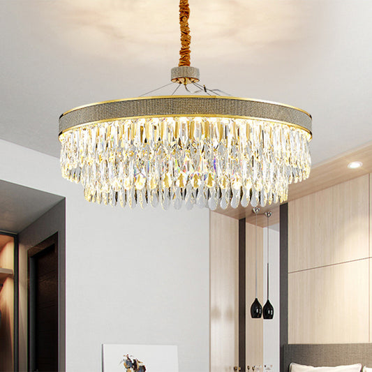Clear Crystal Draping LED Hanging Chandelier Modern Gold Finish 2-Layer Round Great Room Suspension Lamp, 18"/23.5" Width Clearhalo 'Ceiling Lights' 'Chandeliers' 'Clear' 'Industrial' 'Modern Chandeliers' 'Modern' 'Tiffany' 'Traditional Chandeliers' Lighting' 1399446