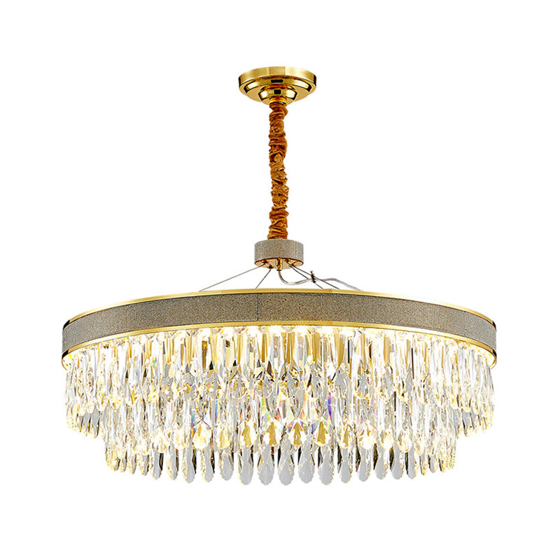 Clear Crystal Draping LED Hanging Chandelier Modern Gold Finish 2-Layer Round Great Room Suspension Lamp, 18"/23.5" Width Clearhalo 'Ceiling Lights' 'Chandeliers' 'Clear' 'Industrial' 'Modern Chandeliers' 'Modern' 'Tiffany' 'Traditional Chandeliers' Lighting' 1399447