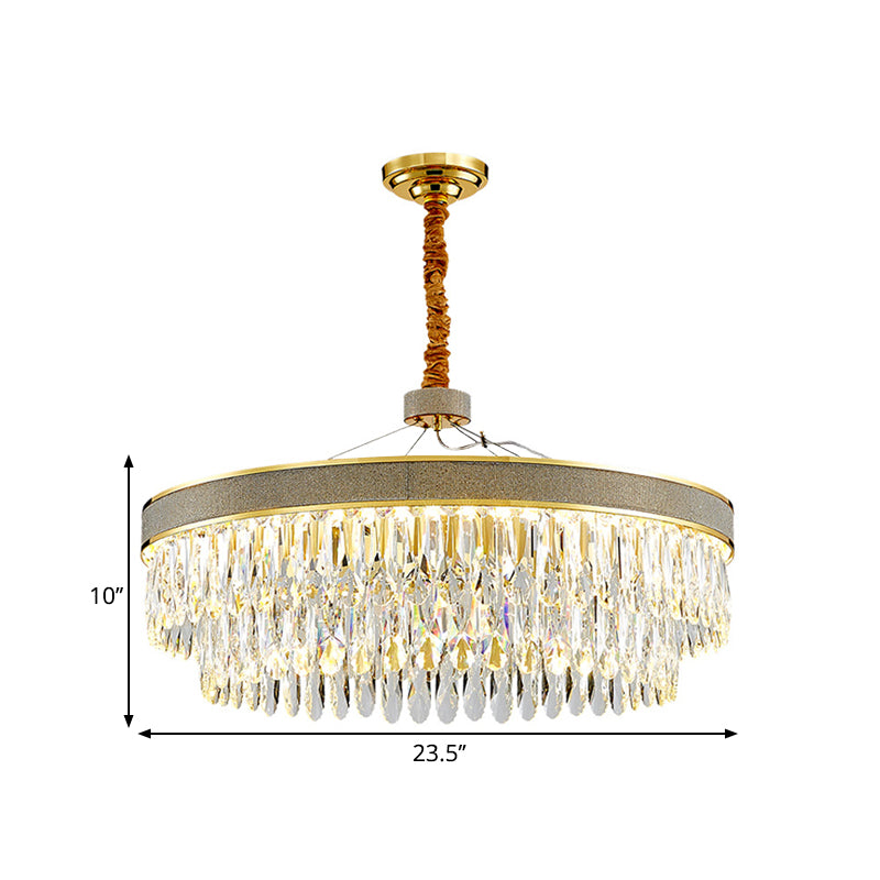Clear Crystal Draping LED Hanging Chandelier Modern Gold Finish 2-Layer Round Great Room Suspension Lamp, 18"/23.5" Width Clearhalo 'Ceiling Lights' 'Chandeliers' 'Clear' 'Industrial' 'Modern Chandeliers' 'Modern' 'Tiffany' 'Traditional Chandeliers' Lighting' 1399449