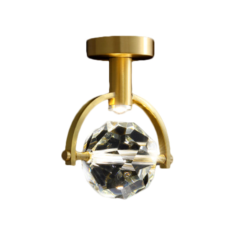 Beveled Hexahedron/Ball Clear Crystal Semi Flush Modern LED Porch Ceiling Mounted Light in Brass - Clearhalo - 'Ceiling Lights' - 'Close To Ceiling Lights' - 'Close to ceiling' - 'Semi-flushmount' - Lighting' - 1399470