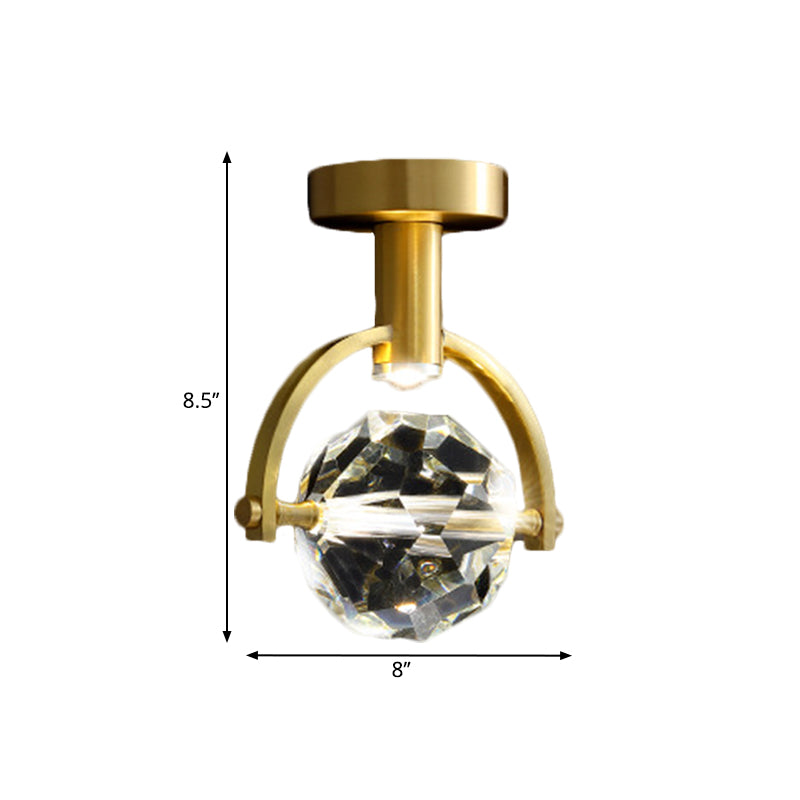Beveled Hexahedron/Ball Clear Crystal Semi Flush Modern LED Porch Ceiling Mounted Light in Brass - Clearhalo - 'Ceiling Lights' - 'Close To Ceiling Lights' - 'Close to ceiling' - 'Semi-flushmount' - Lighting' - 1399472