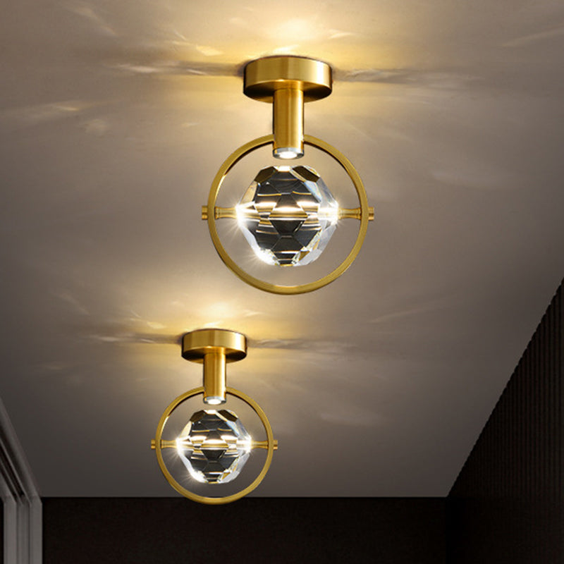 Beveled Hexahedron/Ball Clear Crystal Semi Flush Modern LED Porch Ceiling Mounted Light in Brass - Brass - B - Clearhalo - 'Ceiling Lights' - 'Close To Ceiling Lights' - 'Close to ceiling' - 'Semi-flushmount' - Lighting' - 1399473