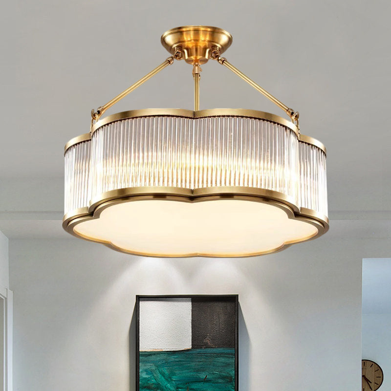 Crystal Floral Drum Semi Flush Light Fixture Contemporary 19.5"/23.5" Wide 5/6 Heads Bedchamber Ceiling Lamp in Gold Clearhalo 'Ceiling Lights' 'Close To Ceiling Lights' 'Close to ceiling' 'Semi-flushmount' Lighting' 1399479