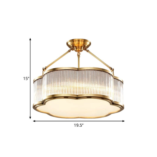Crystal Floral Drum Semi Flush Light Fixture Contemporary 19.5"/23.5" Wide 5/6 Heads Bedchamber Ceiling Lamp in Gold Clearhalo 'Ceiling Lights' 'Close To Ceiling Lights' 'Close to ceiling' 'Semi-flushmount' Lighting' 1399481