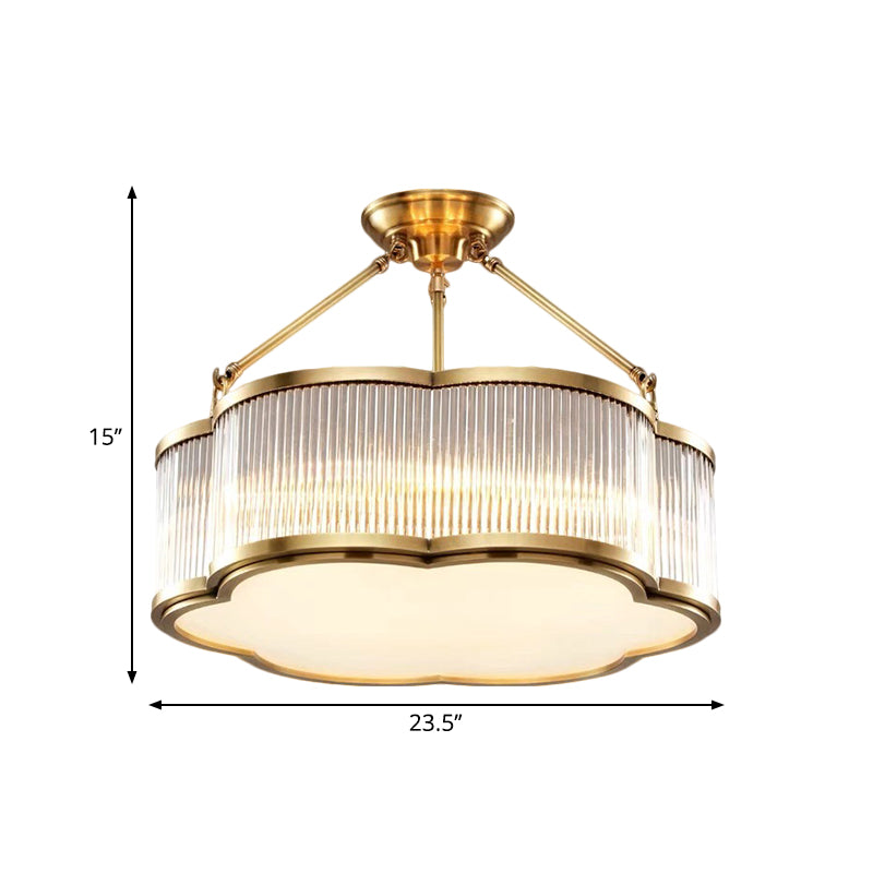 Crystal Floral Drum Semi Flush Light Fixture Contemporary 19.5"/23.5" Wide 5/6 Heads Bedchamber Ceiling Lamp in Gold Clearhalo 'Ceiling Lights' 'Close To Ceiling Lights' 'Close to ceiling' 'Semi-flushmount' Lighting' 1399482
