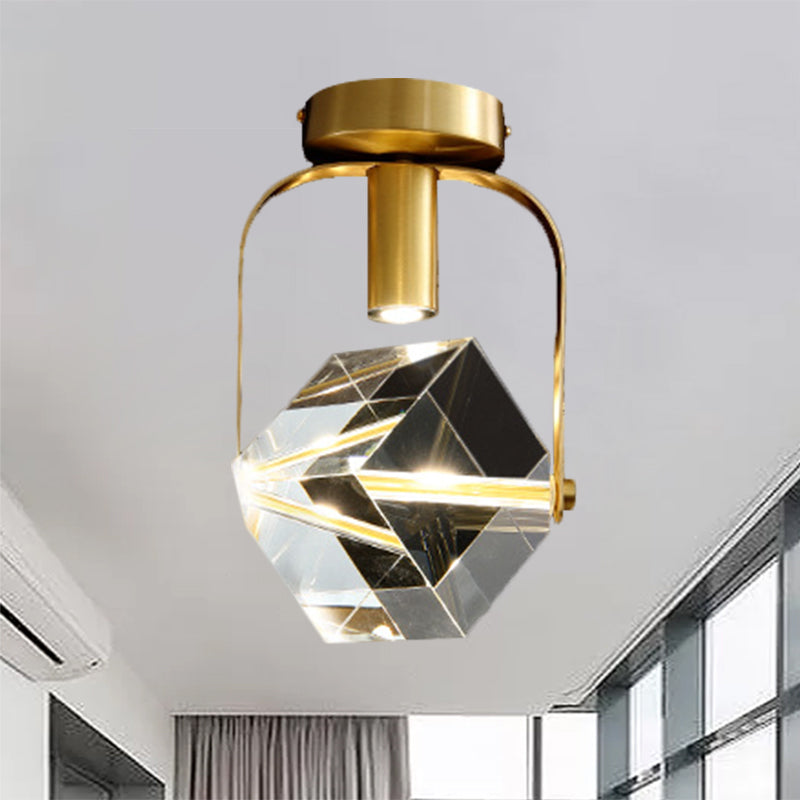 LED Ceiling Flush Mount Modern Rectangular Ring Crystal Cube Semi Flush Light Fixture in Brass - Clearhalo - 'Ceiling Lights' - 'Close To Ceiling Lights' - 'Close to ceiling' - 'Semi-flushmount' - Lighting' - 1399488