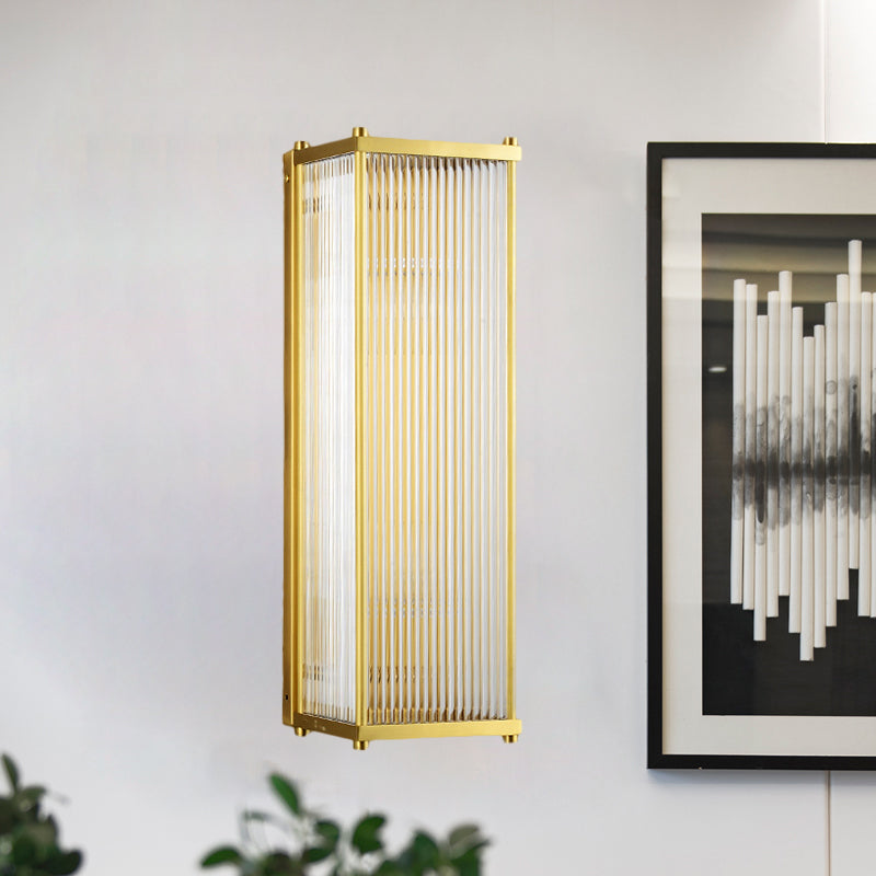 Cuboid Bedroom Wall Sconce Light Modern Translucent Crystal 1/2 Head Gold Surface Wall Sconce, 12"/19.5" Wide Gold 19.5" Clearhalo 'Modern wall lights' 'Modern' 'Wall Lamps & Sconces' 'Wall Lights' Lighting' 1399504