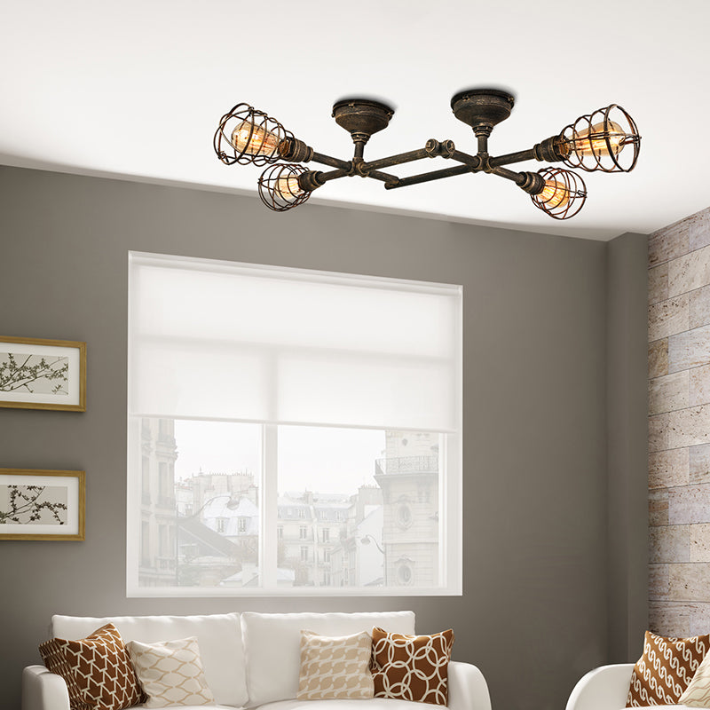 Brass Wire Cage Semi-Flush Light Vintage Industrial Iron 4/6/8 Heads Living Room Ceiling Lighting with Pipe 4 Brass Clearhalo 'Ceiling Lights' 'Close To Ceiling Lights' 'Close to ceiling' 'Semi-flushmount' Lighting' 139953