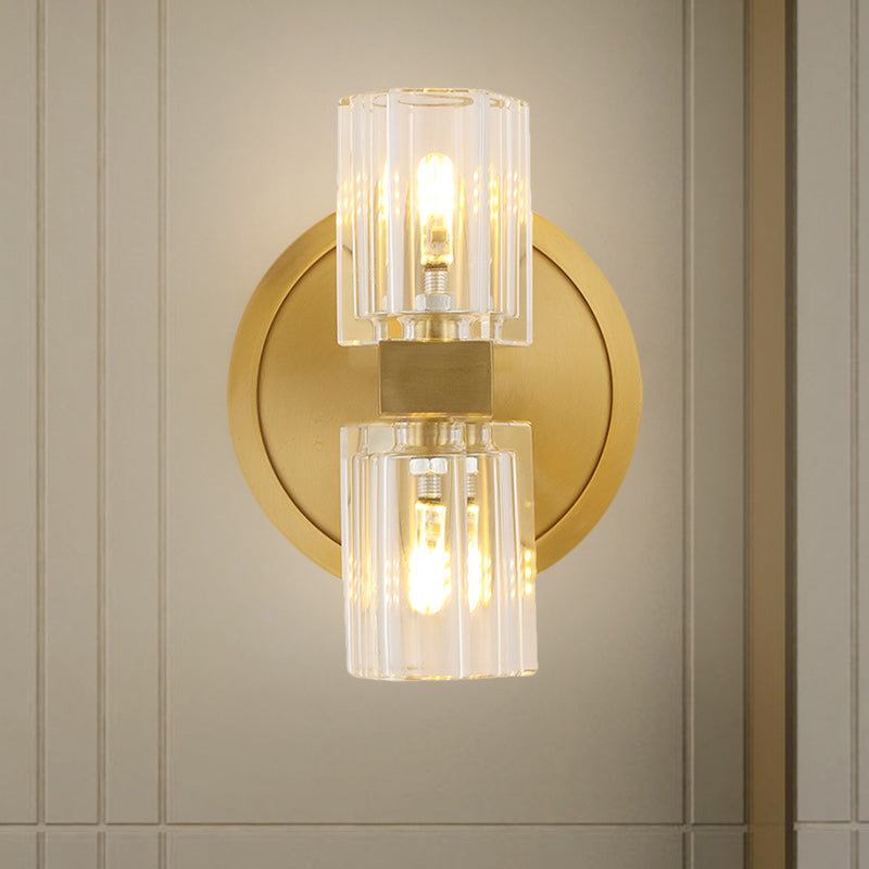 Translucent Crystal Blocks Cylindrical Sconce Modern 2 Heads Drawing Room Wall Lamp in Gold Clearhalo 'Modern wall lights' 'Modern' 'Wall Lamps & Sconces' 'Wall Lights' Lighting' 1399530
