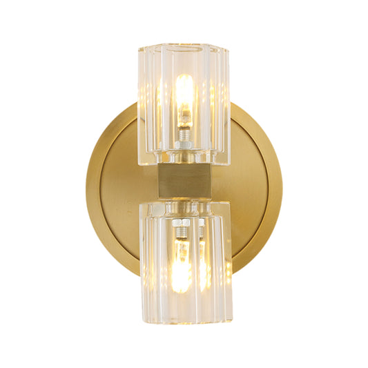 Translucent Crystal Blocks Cylindrical Sconce Modern 2 Heads Drawing Room Wall Lamp in Gold Clearhalo 'Modern wall lights' 'Modern' 'Wall Lamps & Sconces' 'Wall Lights' Lighting' 1399531