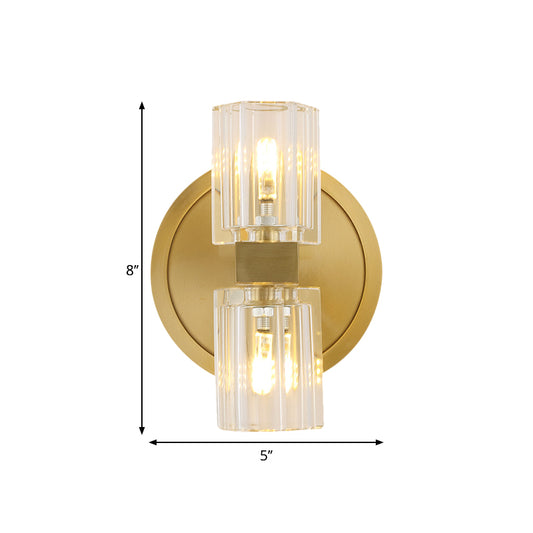 Translucent Crystal Blocks Cylindrical Sconce Modern 2 Heads Drawing Room Wall Lamp in Gold Clearhalo 'Modern wall lights' 'Modern' 'Wall Lamps & Sconces' 'Wall Lights' Lighting' 1399532