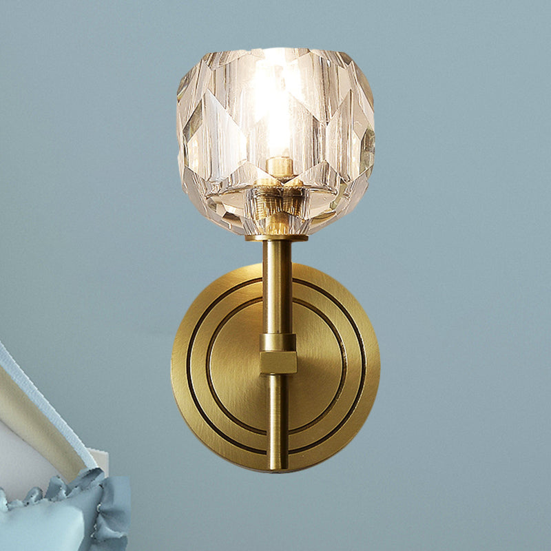 Clear Bevel Cut Glass Gold Wall Sconce Light Globe 1/2 Bulb Contemporary Wall Lighting Idea Clearhalo 'Modern wall lights' 'Modern' 'Wall Lamps & Sconces' 'Wall Lights' Lighting' 1399548
