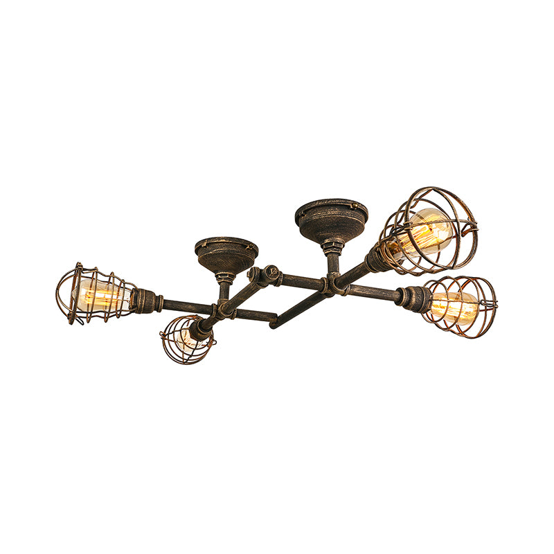 Brass Wire Cage Semi-Flush Light Vintage Industrial Iron 4/6/8 Heads Living Room Ceiling Lighting with Pipe Clearhalo 'Ceiling Lights' 'Close To Ceiling Lights' 'Close to ceiling' 'Semi-flushmount' Lighting' 139955