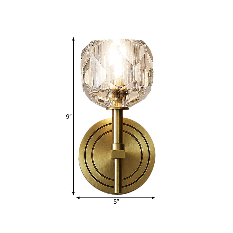 Clear Bevel Cut Glass Gold Wall Sconce Light Globe 1/2 Bulb Contemporary Wall Lighting Idea Clearhalo 'Modern wall lights' 'Modern' 'Wall Lamps & Sconces' 'Wall Lights' Lighting' 1399550