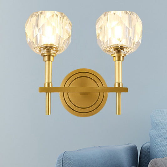 Clear Bevel Cut Glass Gold Wall Sconce Light Globe 1/2 Bulb Contemporary Wall Lighting Idea 2.0 Gold Clearhalo 'Modern wall lights' 'Modern' 'Wall Lamps & Sconces' 'Wall Lights' Lighting' 1399551
